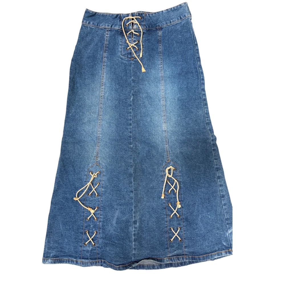 The Blues Denim Maxi Skirt Womens 12 Blue Lace Up Front Side A-Line Long Vintage